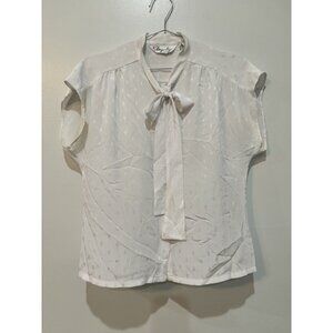 Vintage White Satin Button Up Blouse with Bow Size 10